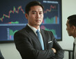 © Gianpiero - Confident Asian businessman in formal suit stands with arms crossed, stock charts displayed behind