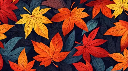 Wall Mural -   Colorful leaves on black background with red, yellow, and green shades