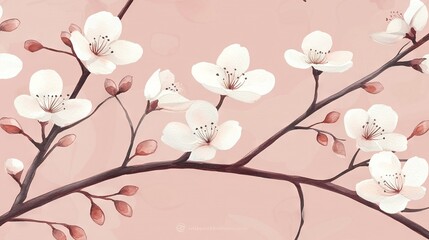 Wall Mural -   A painting of a branch adorned with white flowers against a light pink backdrop, with a blackened branch featuring white blossoms on a similar pale hue