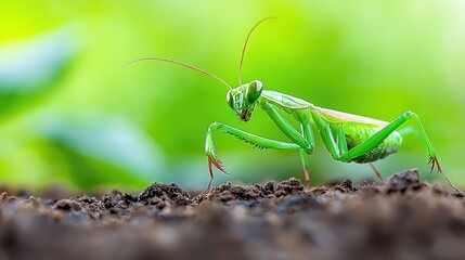 Green praying mantis on ground, blurred foliage background, nature macro photography, stock image