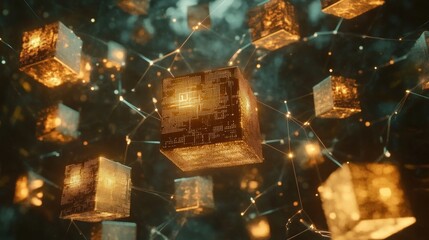 Wall Mural - complex network of interconnected golden cubes exchanging data, symbolizing blockchain technology, c