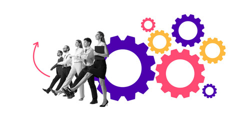 Wall Mural - group of business professionals marching forward, supported by moving gears, symbolizing teamwork, p