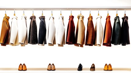 A stylish display of various coats and shoes arranged neatly on a rack in a bright setting