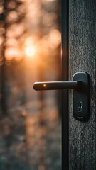 Wall Mural - Sunset light streaming through a partially open door at dusk in a forested area