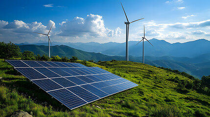 Wall Mural - Renewable energy with wind turbines and solar panels, an eco-friendly solution for the future.