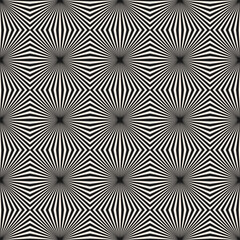 Black and white vector geometric seamless pattern. Optical illusion effect. Abstract texture with broken lines, stripes, burst, tiles. Op art background. Repeating design for decor, print, wallpapers