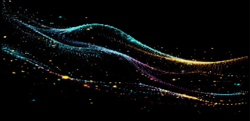 Fototapete - Vector illustration showcases flowing, multicolored waves of particles against a black background, creating a sense of movement and digital energy, reminiscent of data visualization and abstract art.