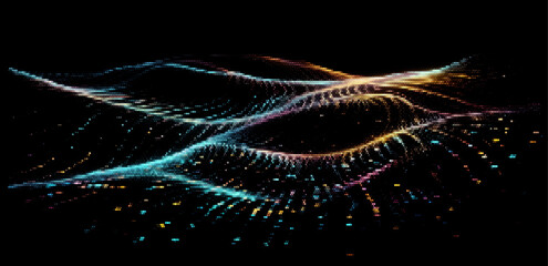 Fototapete - Vector illustration showcases flowing, multicolored waves of particles against a black background, creating a sense of movement and digital energy, reminiscent of data visualization and abstract art.