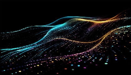 Fototapete - Vector illustration showcases flowing, multicolored waves of particles against a black background, creating a sense of movement and digital energy, reminiscent of data visualization and abstract art.