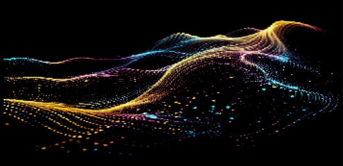 Fototapete - Vector illustration showcases flowing, multicolored waves of particles against a black background, creating a sense of movement and digital energy, reminiscent of data visualization and abstract art.