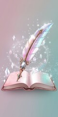 Wall Mural - Magical quill and open book with sparkling crystals, inspiring creativity