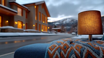 Wall Mural - Cozy winter evening scene featuring a lamp and blanket in foreground, with snow-covered houses and mountains in background