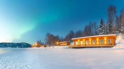 Wall Mural - Cozy wooden cabins illuminated at dusk by the snowy lakeside under the northern lights