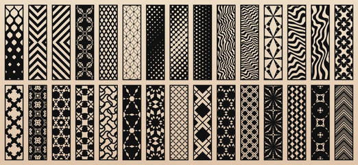Aufkleber - Trending vector set of 30 templates for laser cut. Elegant modern design with abstract geometric patterns, floral ornaments. Stencils for CNC cutting of wood, paper, metal, plastic. Aspect ratio 1:4
