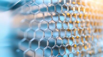 Abstract Honeycomb Metal Texture: Futuristic Engineering Grid Design with Reflective Blue and Gold Hexagonal Patterns