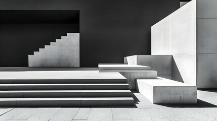 Wall Mural - modern minimalist concrete stairs & platforms outdoors, sunlight shadows, urban backdrop, product di