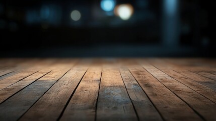 Wall Mural - Wooden tabletop at night with city lights out of focus. Possible use product display, online store backdrop