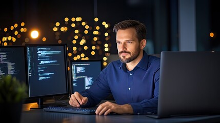 Man Working Late on Computer Code Programming