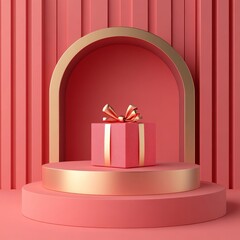 Wall Mural - Abstract scene with podium and gift box on red background. Vector illustration.