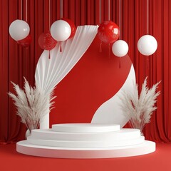 Wall Mural - Podium on red curtain background. Award ceremony concept. 3d render