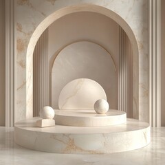 Canvas Print - 3d render of marble podium with round arch and marble balls on it