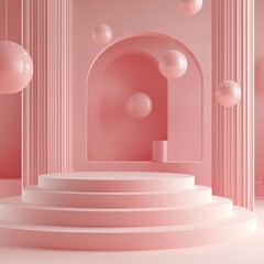 Wall Mural - Abstract minimal scene with podiums, arch and balls. Vector illustration.