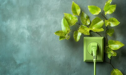 Wall Mural - a green power cord in a wall socket or outlet, accompanied by fresh leaves, illustrating the concept