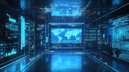 Wall Mural - futuristic command center displaying global network and performing data analysis on transparent scre