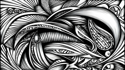 Wall Mural - Abstract monochrome ink drawing, swirling patterns, detailed design, white background, for graphic design