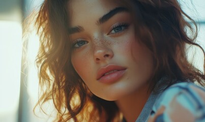 Wall Mural - Young woman with freckles in soft, warm natural light.