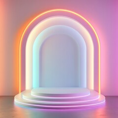 Wall Mural - Abstract scene with round podium illuminated by neon lights. 3d render