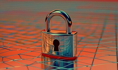 a metallic padlock stands prominently on a digital grid background, symbolizing security and protect