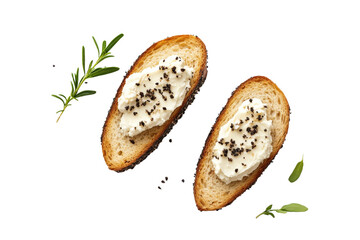 Wall Mural - Two slices of bread with a white spread on top and some herbs on the side, isolated