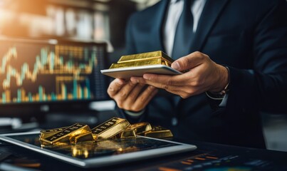 Wall Mural - Business man holding gold bars, Financial analyst reviewing gold bullion trends on a digital tablet, with data graphs and charts