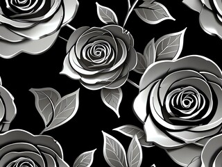 Wall Mural - Elegant Silver Roses on Black Background: A Monochrome Floral Design