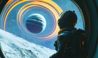 Wall Mural - distant alien planet with glowing rings seen from a futuristic spacecraft window, a crew member gazi