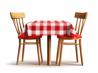 Wooden dining table with a red and white checkered tablecloth and two matching wooden chairs with red cushions against a white background
