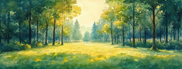 Canvas Print - Dreamy Abstract Expressionist Watercolor Painting of a Bright Park with Green Foliage and Whimsical Light