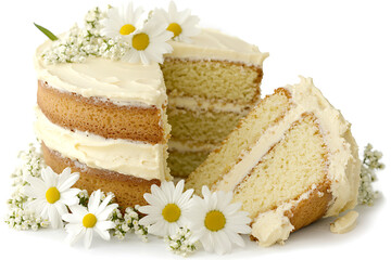 Canvas Print - Three-layer cake with white frosting decorated with daisies and baby's breath with a slice cut out.