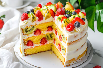 Wall Mural - Layered sponge cake with cream frosting filled and topped with fresh strawberries kiwi raspberries and blueberries.