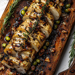 Wall Mural - Sliced roasted poultry with herbs and olives served on a rustic wooden board.