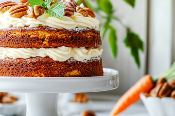 Canvas Print - Two-layer carrot cake on a white stand topped with cream pecans and mint leaves.