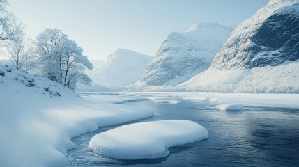 Wall Mural - Breathtaking Winter Wonderland with Snow-Capped Mountains and Serene Ice-Covered River Amidst a Tranquil Frosty Landscape for Nature Enthusiasts and Winter Travelers