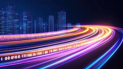 Glowing data streams flow through a futuristic digital city