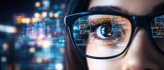 Closeup of a young womans eye wearing glasses reflecting computer code against a blurred cityscape background at night Concepts of technology, programming, and futuristic vision