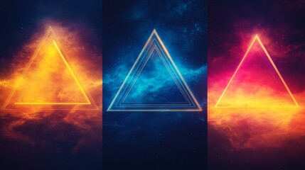 Wall Mural - Vibrant neon triangles set against a cosmic backdrop. A captivating blend of color and light.