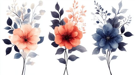 Wall Mural - Elegant watercolor floral bouquets in soft peach, coral, and deep blue hues. Perfect for adding a touch of nature to your designs.