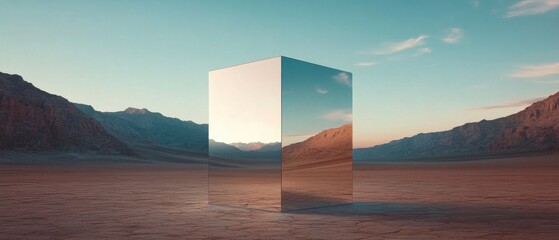 Leinwandbilder - Reflective metallic monolith in a barren desert landscape at sunset Surreal mirrored cube reflecting the sky and mountains Concepts of mystery, illusion, and the unknown