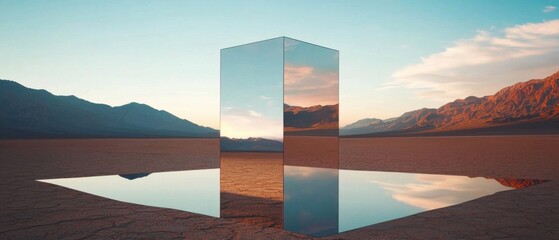 Aufkleber - Reflective metallic monolith in a serene desert landscape at sunset Mirrored cube reflecting mountains and sky in a tranquil, minimalist scene Concept of surrealism, nature, and abstract art