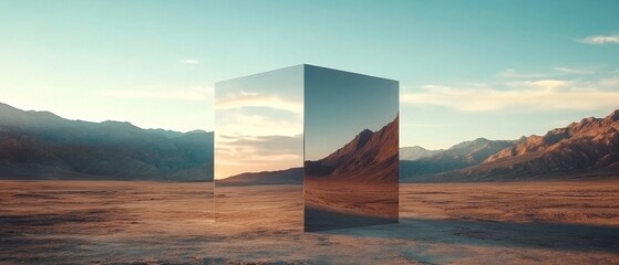 Leinwandbilder - Reflective metallic monolith in a vast desert landscape at sunset Surreal mirrored cube reflecting the mountains and sky Concept of mystery, illusion, and otherworldly beauty